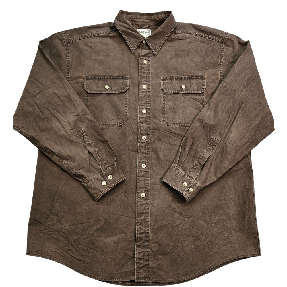 L.L. Bean Shirt Mens L Brown Twill Button Up Long Sleeve Point Collar Workwear